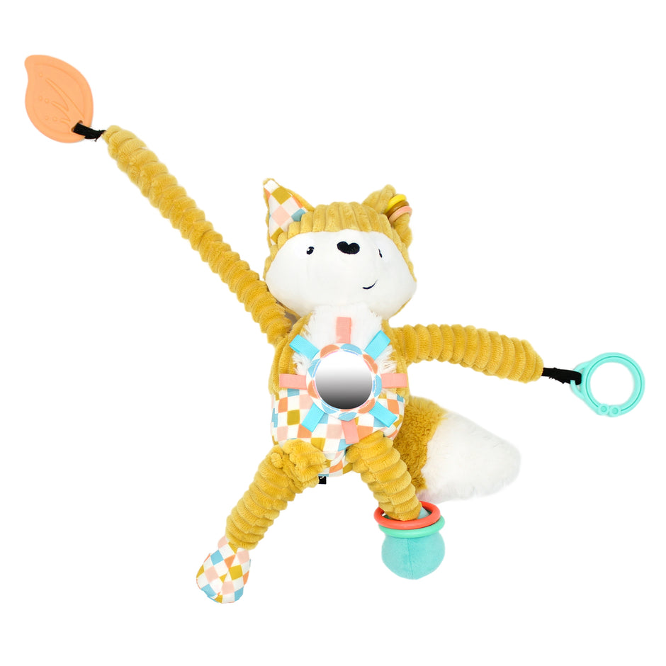 Aktivitätskuscheltier Fuchs für Babys mit Spiegel, Beißring und Greifringen – Motorikspielzeug für Säuglinge
