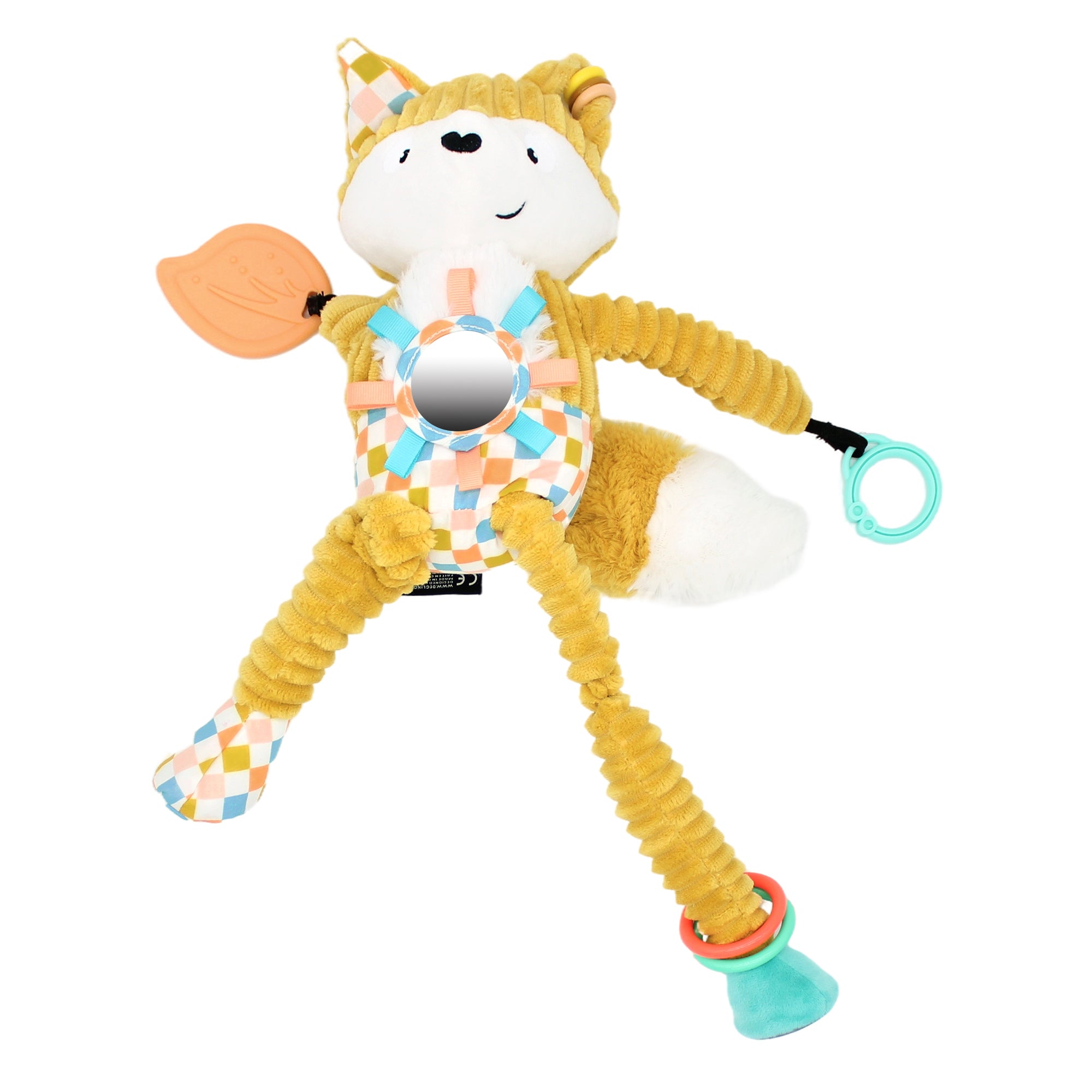 Aktivitätskuscheltier Fuchs für Babys mit Spiegel, Beißring und Greifring – Motorikspielzeug für Säuglinge
