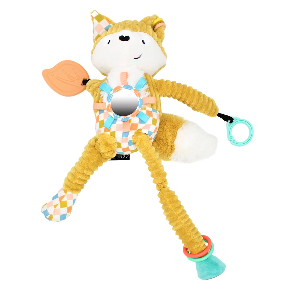 Aktivitätskuscheltier Fuchs für Babys mit Spiegel, Beißring und Greifring – Motorikspielzeug für Säuglinge
