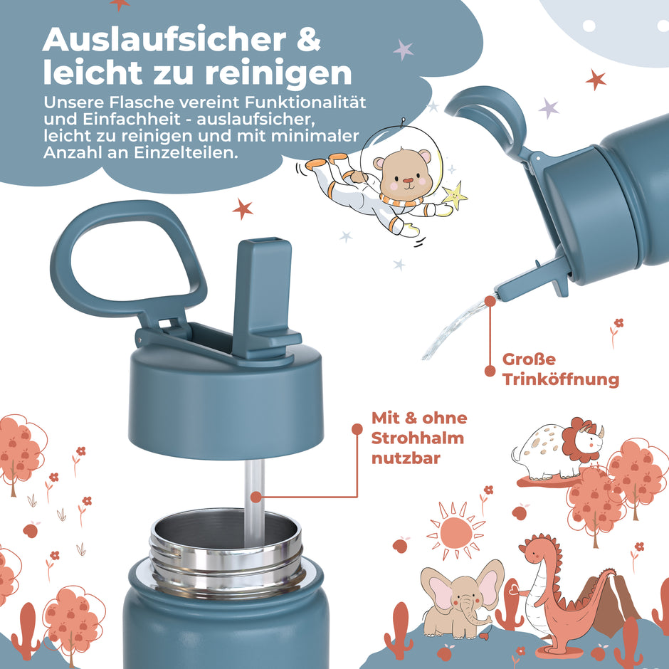 Blaue auslaufsichere Kinder-Trinkflasche aus Edelstahl mit großer Trinköffnung, integriertem Tragegriff und einfacher Reinigung – ideal für Kindergarten, Schule und unterwegs