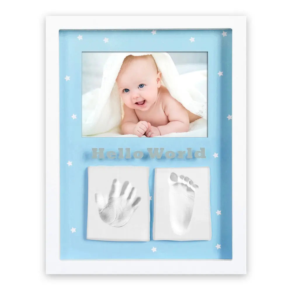 Baby Bilderrahmen mit Hand- und Fußabdruckset in Blau inklusive Bilderrahmen für Babyfoto und Gipsabdrücke