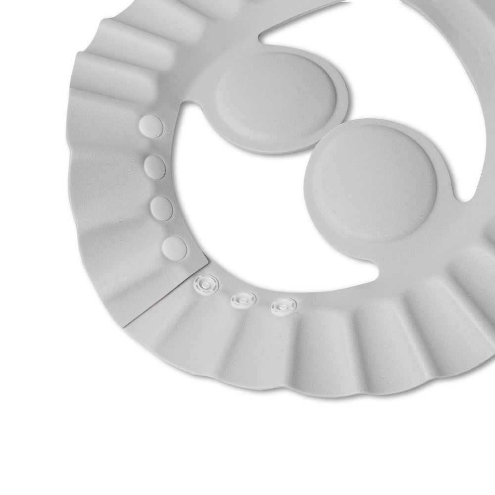 Graue Baby Duschhaube mit verstellbaren Druckknöpfen zum Schutz der Augen und Ohren beim Haarewaschen für Babys und Kinder
