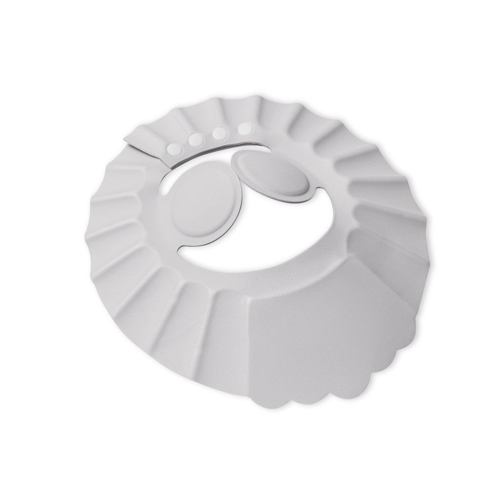 Graue Baby Duschhaube mit verstellbaren Druckknöpfen zum Schutz der Augen beim Haarewaschen für Babys und Kinder
