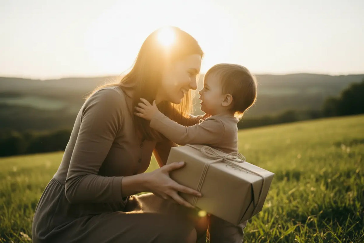 Mutter mit Baby beim Auspacken eines Geschenks im Sonnenuntergang