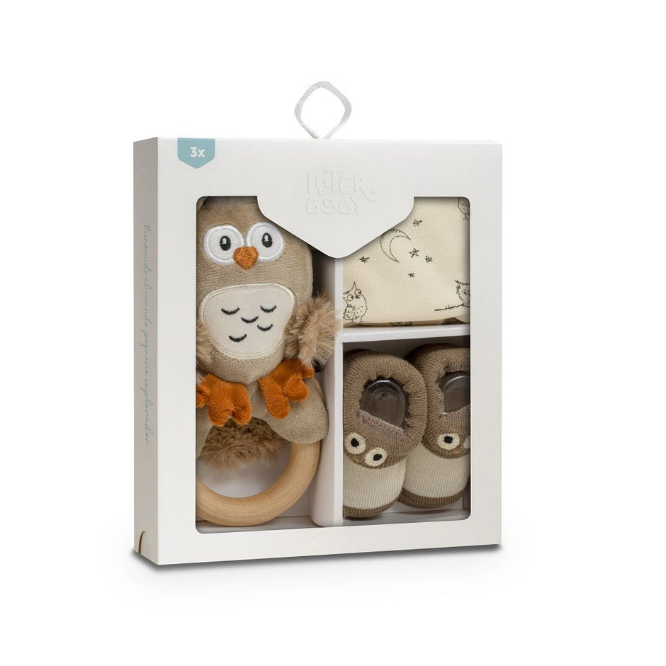 Baby Geschenkset 3 - teilig Eule Beige - Babylions