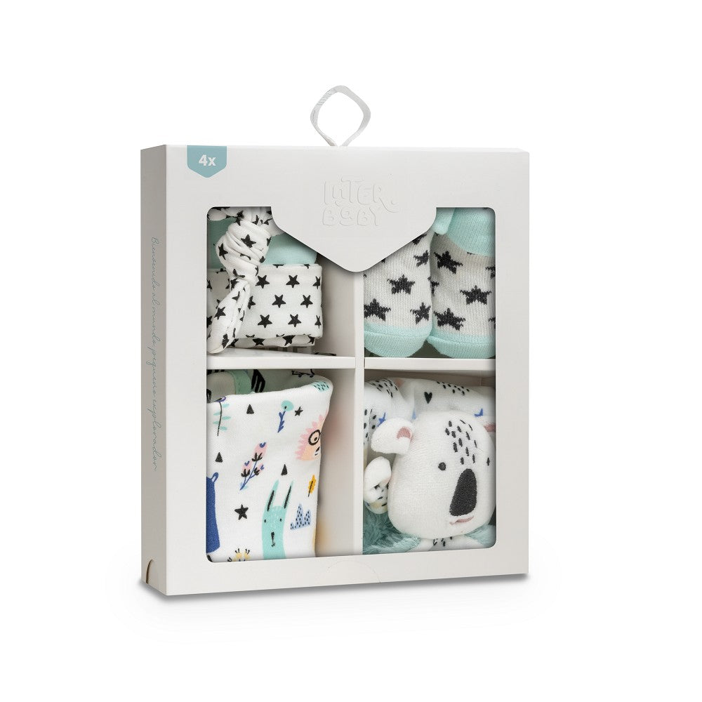 4-teiliges Baby Geschenkset für Neugeborene mit Decke, Mütze, Socken und Kuscheltier – ideales Babygeschenk zur Geburt
