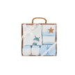 5-teiliges Baby-Geschenkset in Blau mit Strampler, Mütze, Fäustlingen, Lätzchen und Decke – liebevoll verpackt in einer Geschenkbox, ideal zur Geburt oder Taufe.