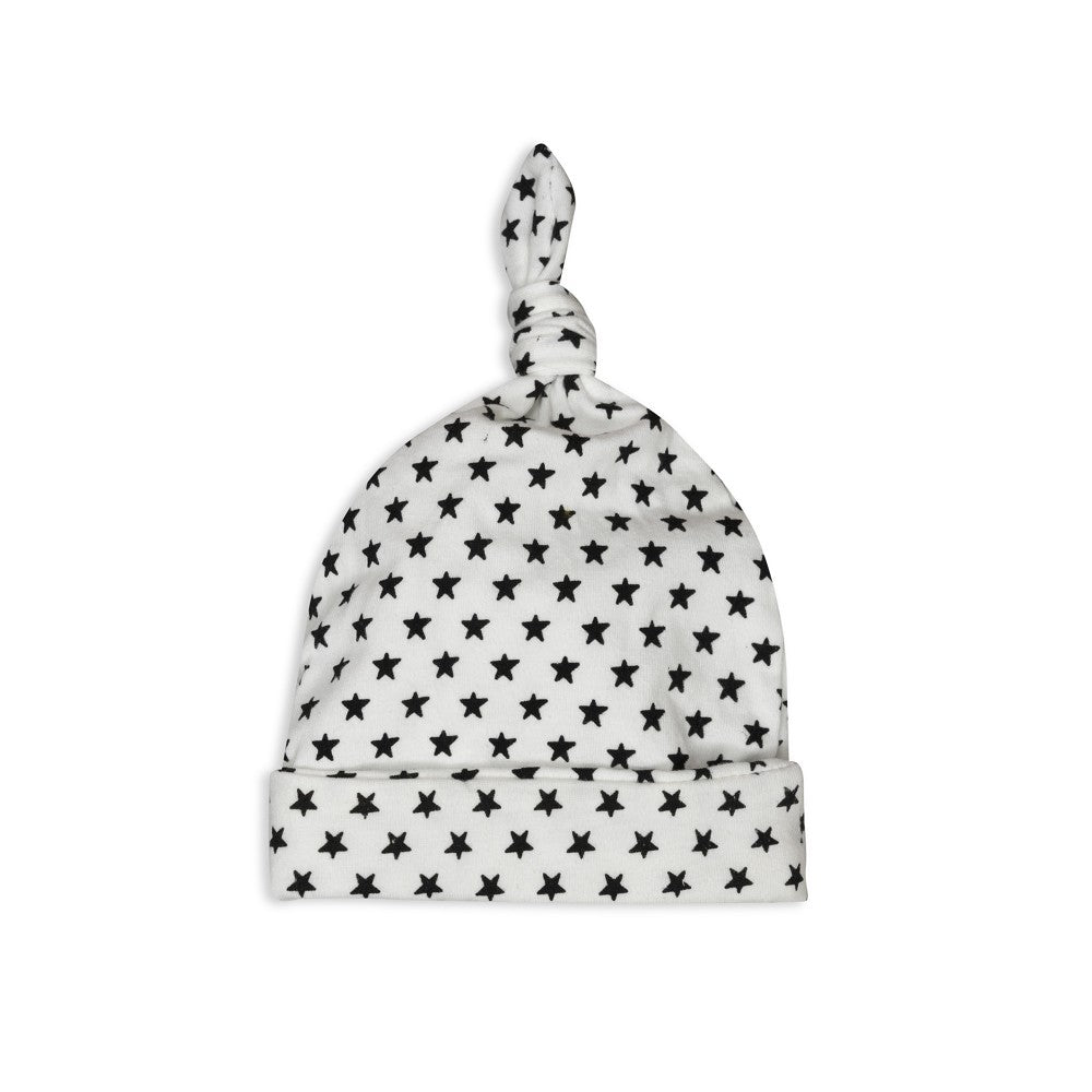 Weiße Baby Mütze mit schwarzen Sternen aus weicher Baumwolle mit Knoten, ideal für Neugeborene und Babys
