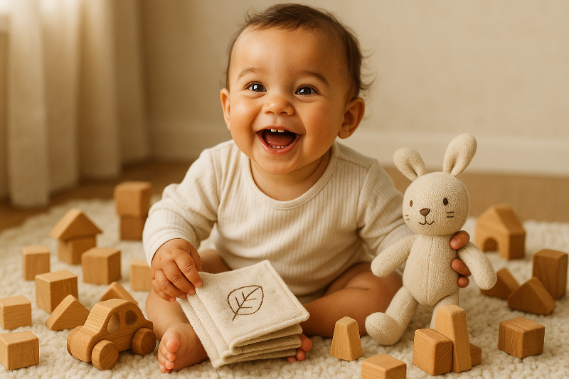 Baby oder Kleinkind, das freudestrahlend spielt mit nachhaltigem Spielzeug (Holz, Stoff) interagiert