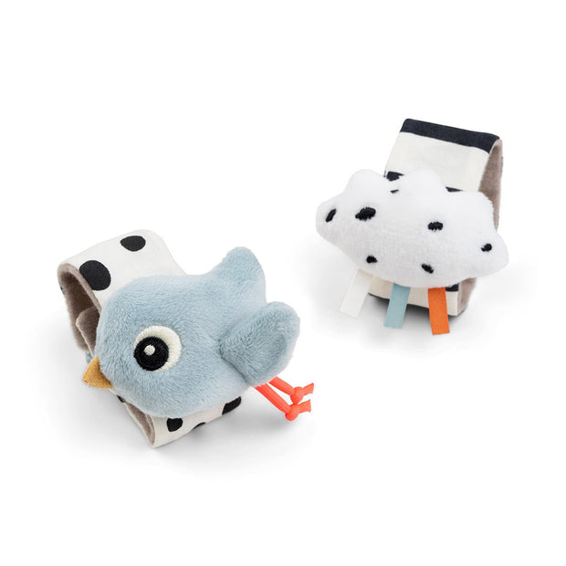 Baby Rasselarmband in Blau mit Vogel- und Wolkenmotiv