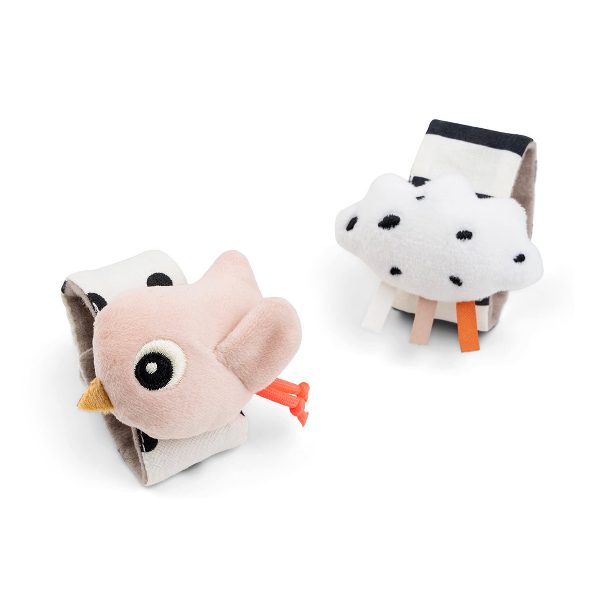 Rosa Baby Rasselarmband mit Vogel- und Wolkenmotiv