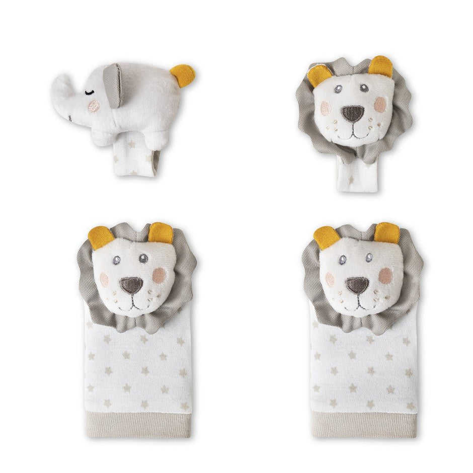 Baby Rasselarmband Set mit Löwen- und Elefantenmotiv Varianten