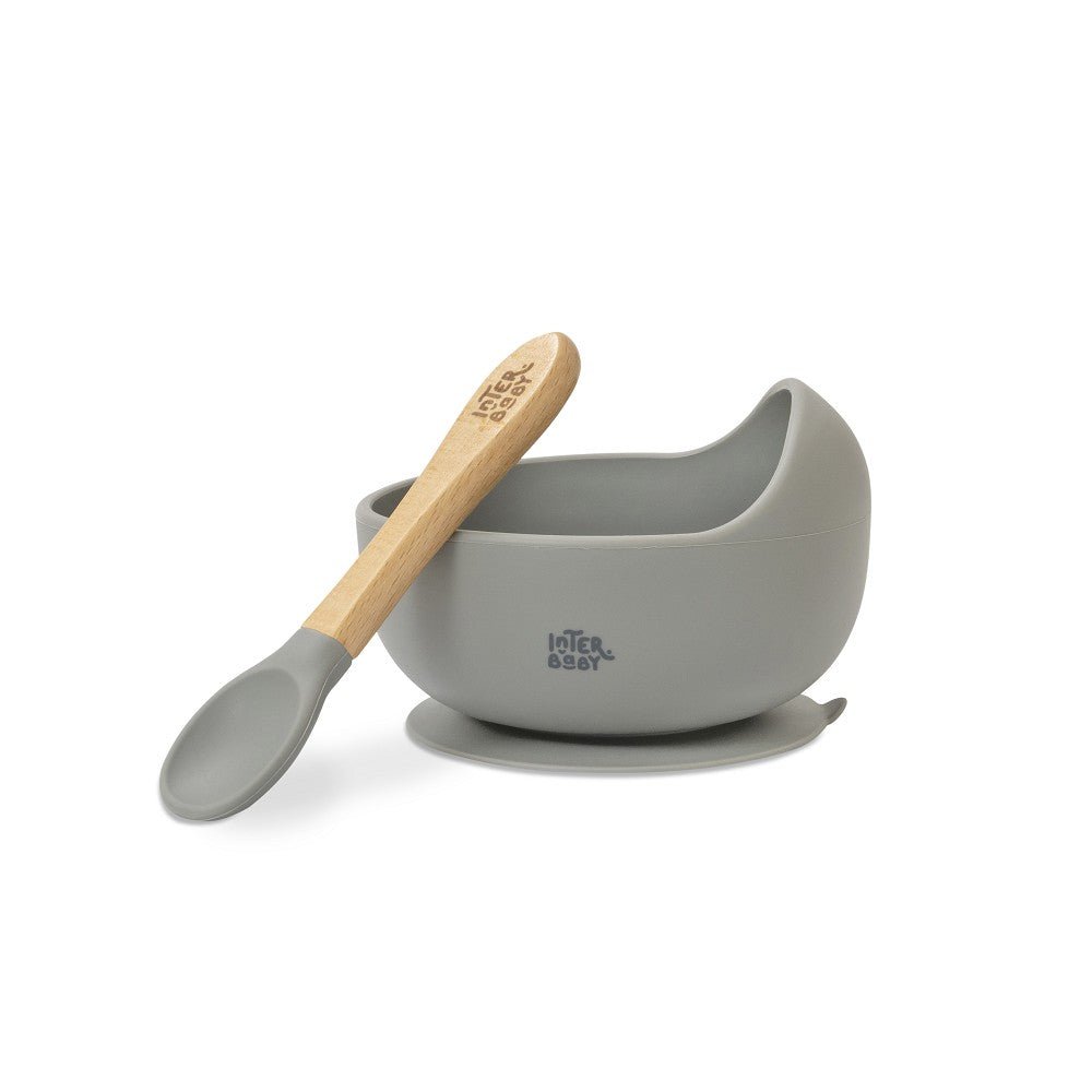 Baby Schüssel mit Saugnapf & Löffel – Grau/Rosa - Babylions