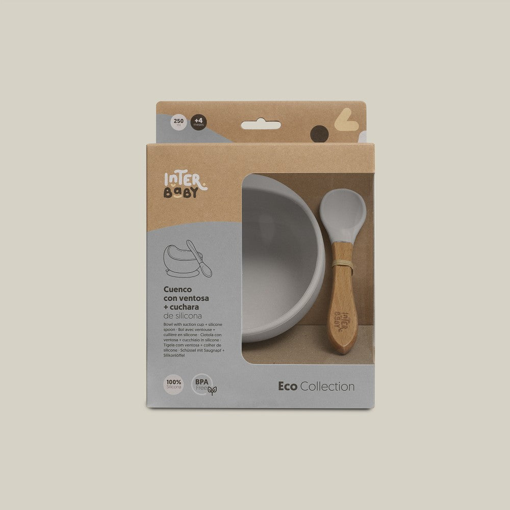 Baby Schüssel mit Saugnapf & Löffel – Grau/Rosa - Babylions