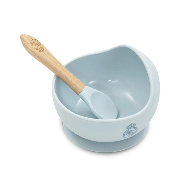 Baby Schüssel mit Saugnapf und Löffel Real Madrid blau Set im Einsatz rutschfest Silikon Babygerecht BPA frei