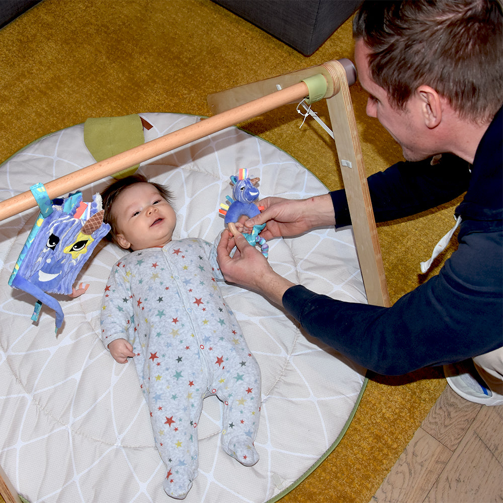 Baby liegt unter Spielbogen mit Zebra Activity Spielzeug – Motorikspielzeug und Beißring für Babys
