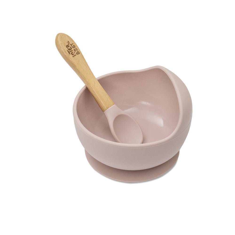 Baby Schüssel mit Saugnapf und Löffel aus Silikon in Rosa
