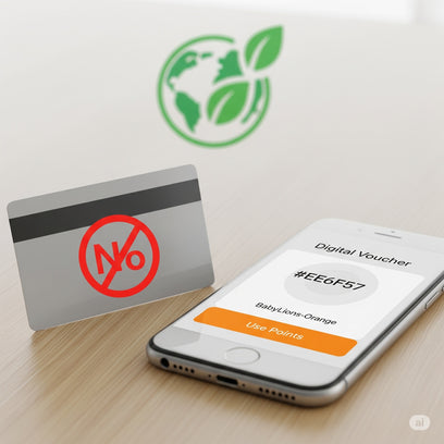 Digitaler BabyLions® Gutschein auf Smartphone mit nachhaltigem Einkaufssymbol
