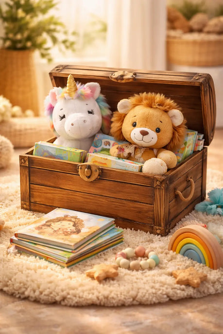 Baby Geschenkset mit Einhorn- und Löwen-Kuscheltier, Bilderbüchern und Spielzeug in geöffneter Schatzkiste