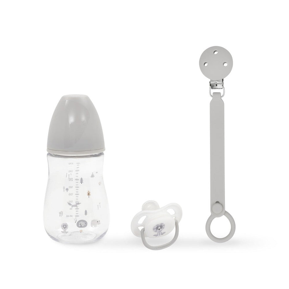 Baby Still- & Trinkset 3-teilig in Grau – Babyflasche, Schnuller und Schnullerclip