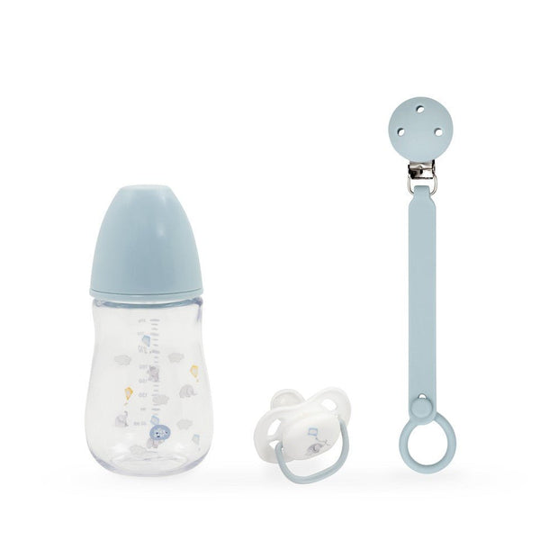 Baby Still- & Trinkset 3-teilig in Blau – Babyflasche, Schnuller und Schnullerclip