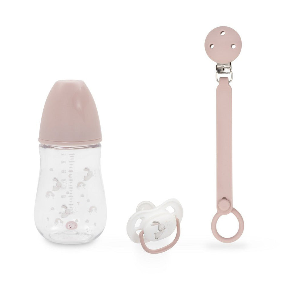 Baby Still- & Trinkset 3-teilig in Rosa – Babyflasche, Schnuller und Schnullerclip