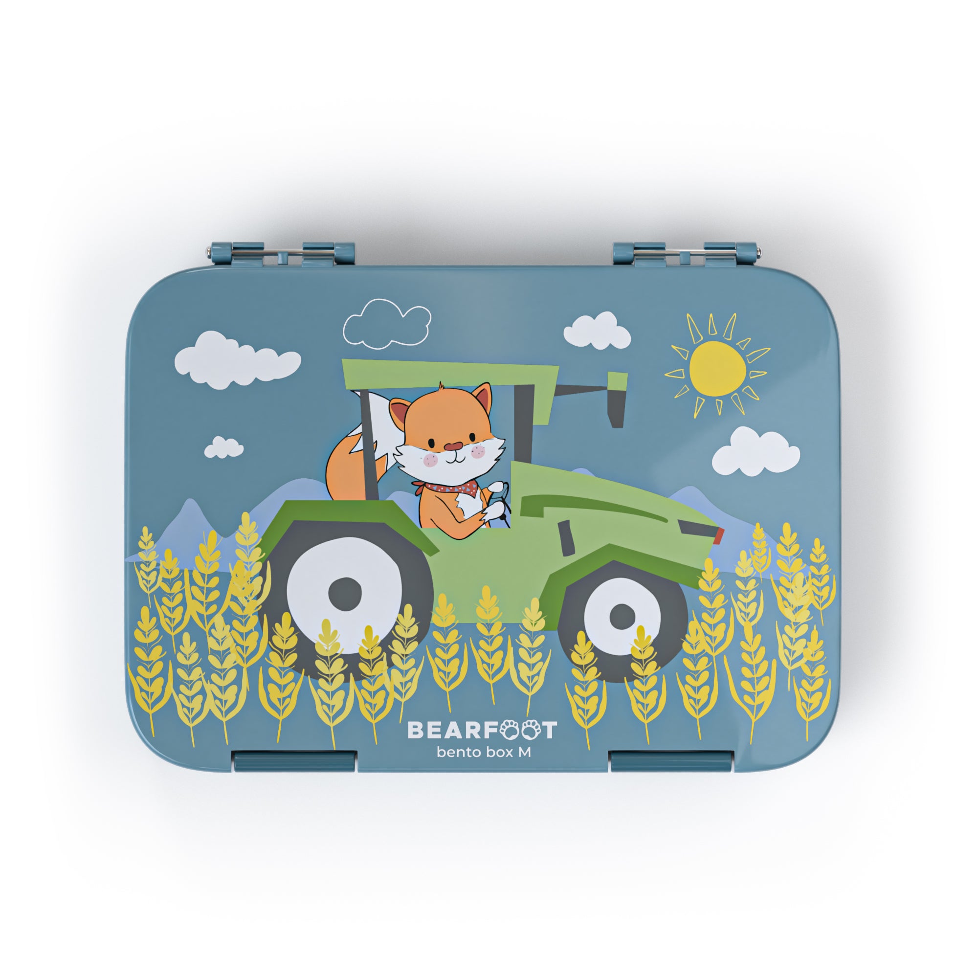 Bearfoot Kinder Brotdose blau mit Fuchs auf Traktor – robuste Lunchbox für Kindergarten und Schule mit liebevollem Bauernhof-Motiv