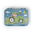 Bearfoot Kinder Brotdose blau mit Fuchs auf Traktor – robuste Lunchbox für Kindergarten und Schule mit liebevollem Bauernhof-Motiv