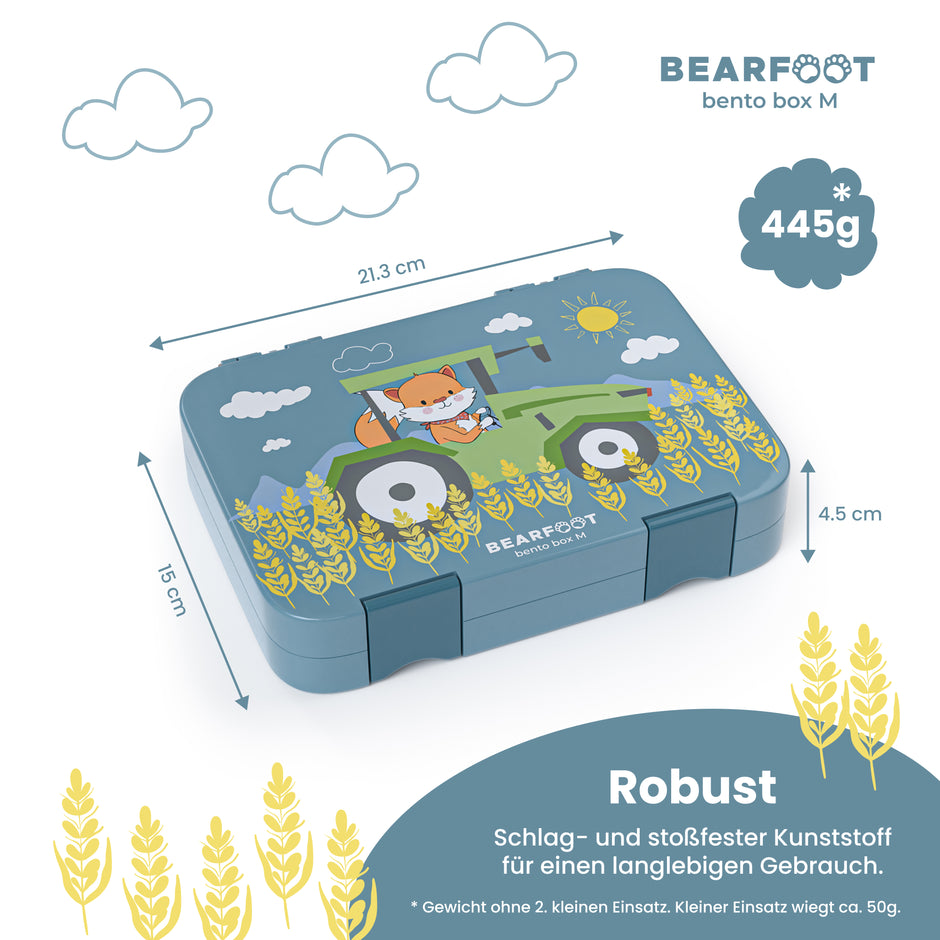 Bearfoot Kinder Brotdose blau mit Fuchs-Traktor-Motiv – robuste Bento Lunchbox mit Maßangaben und 445 g Gewicht für Kindergarten und Schule
