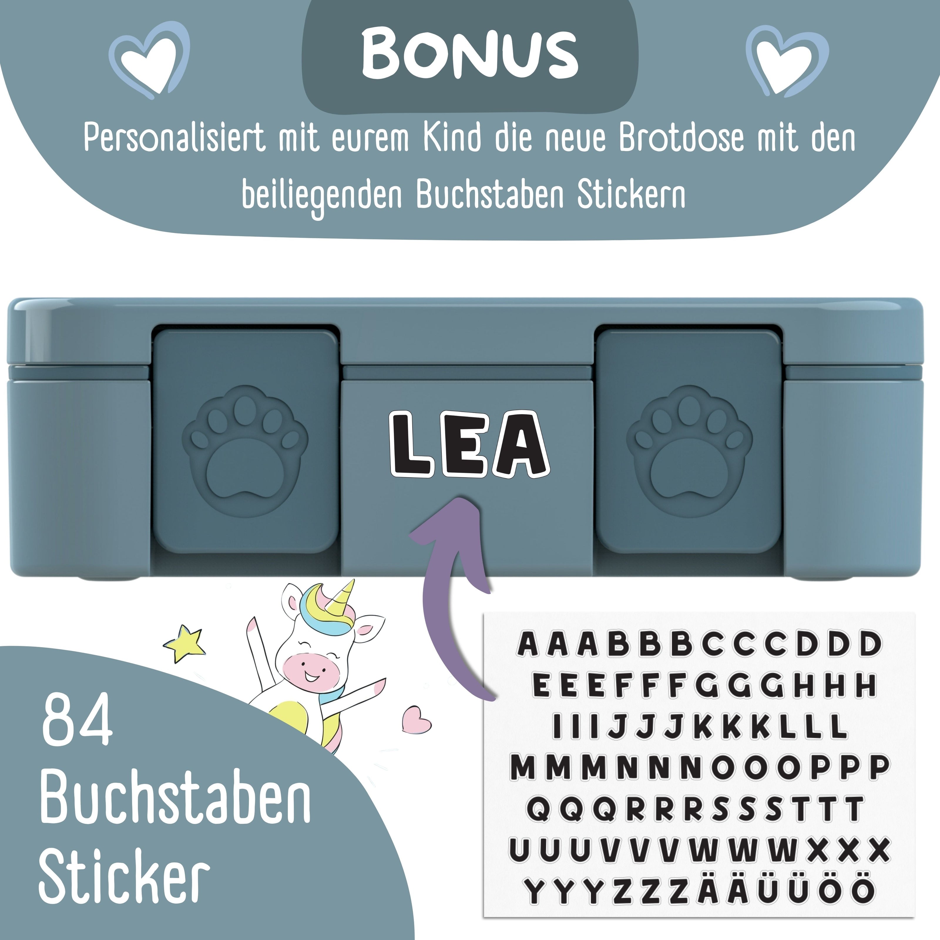 Bearfoot Kinder Brotdose blau personalisierbar mit Namensstickern – Lunchbox mit 84 Buchstaben Stickern für Kindergarten und Schule