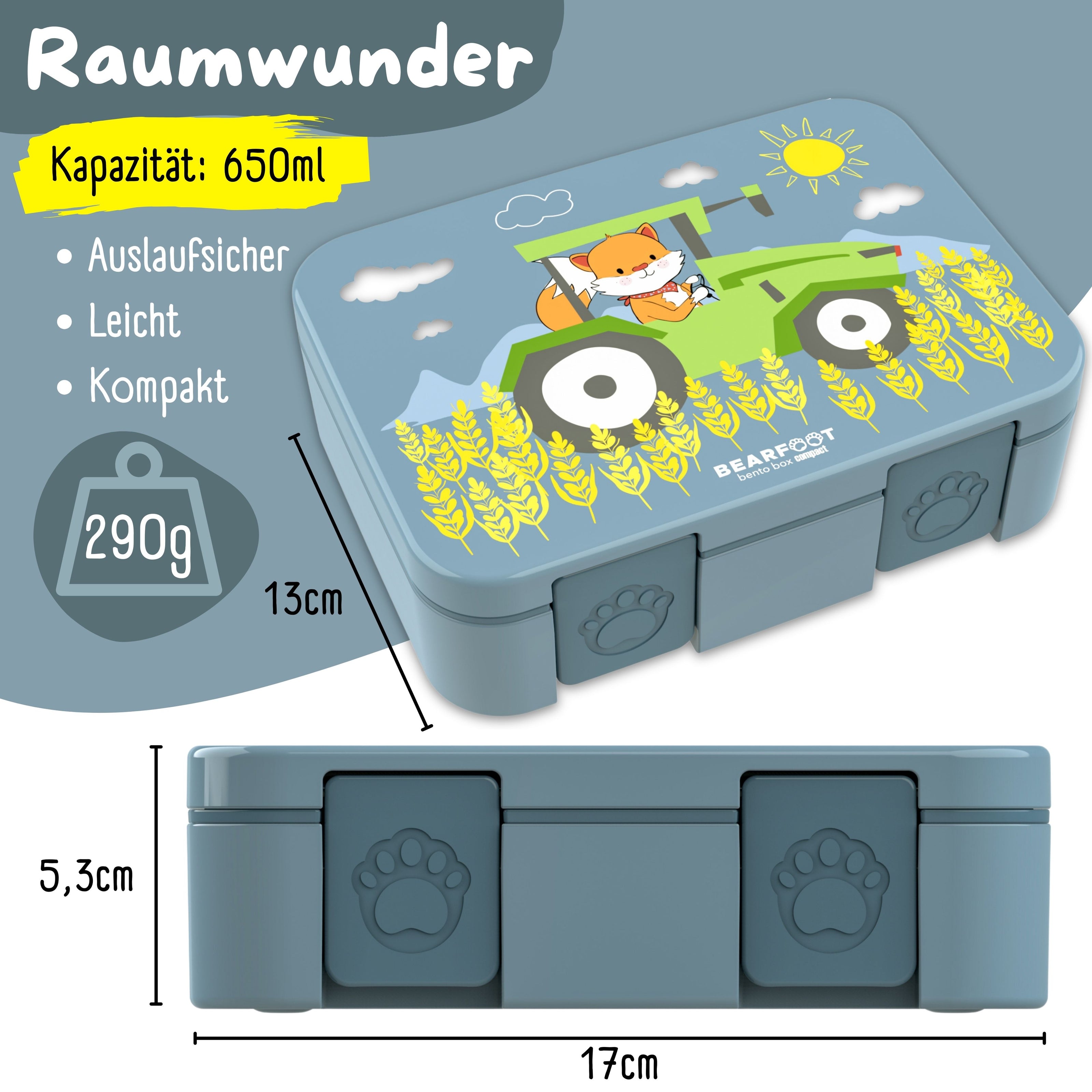 Bearfoot Kinder Brotdose blau mit Traktor-Motiv, 650 ml Volumen, auslaufsicher, leicht und kompakt – Lunchbox für Kindergarten und Schule