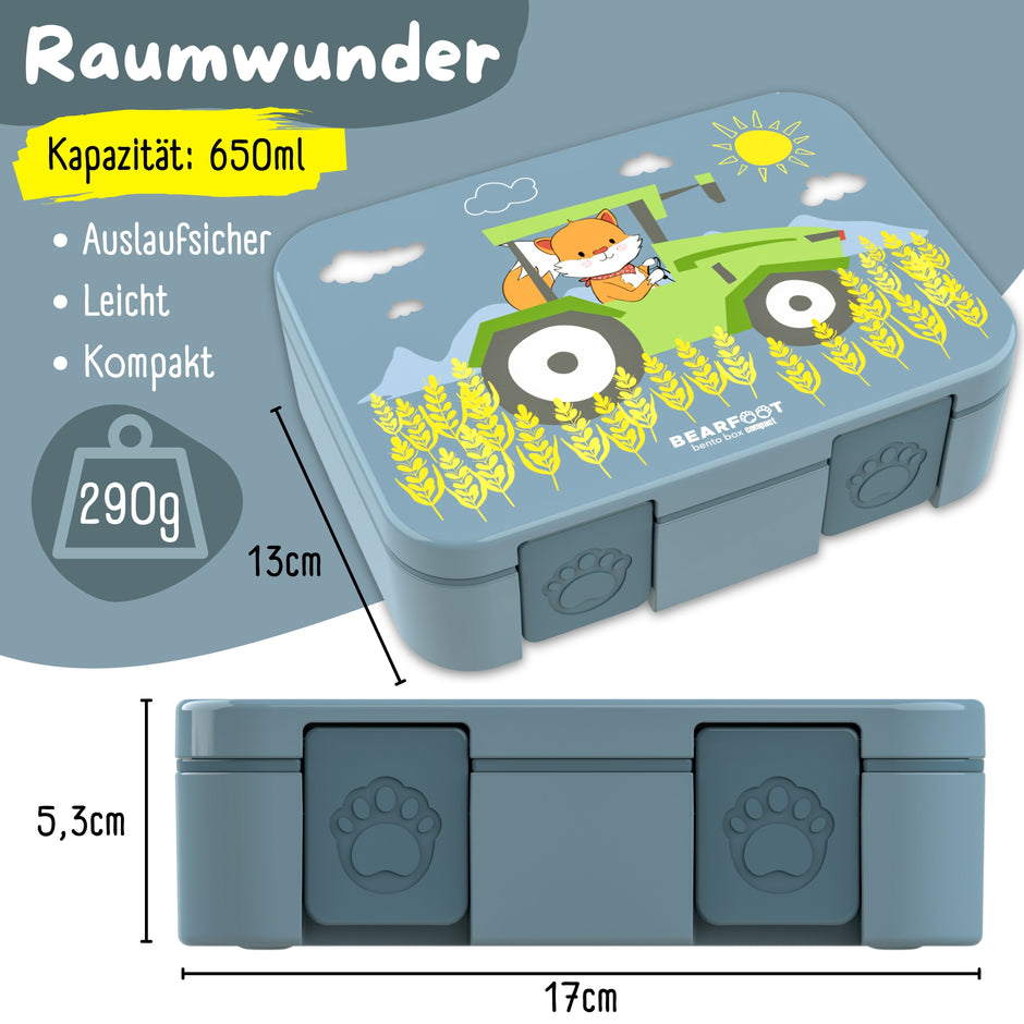 Bearfoot Kinder Brotdose blau mit Traktor-Motiv, 650 ml Volumen, auslaufsicher, leicht und kompakt – Lunchbox für Kindergarten und Schule