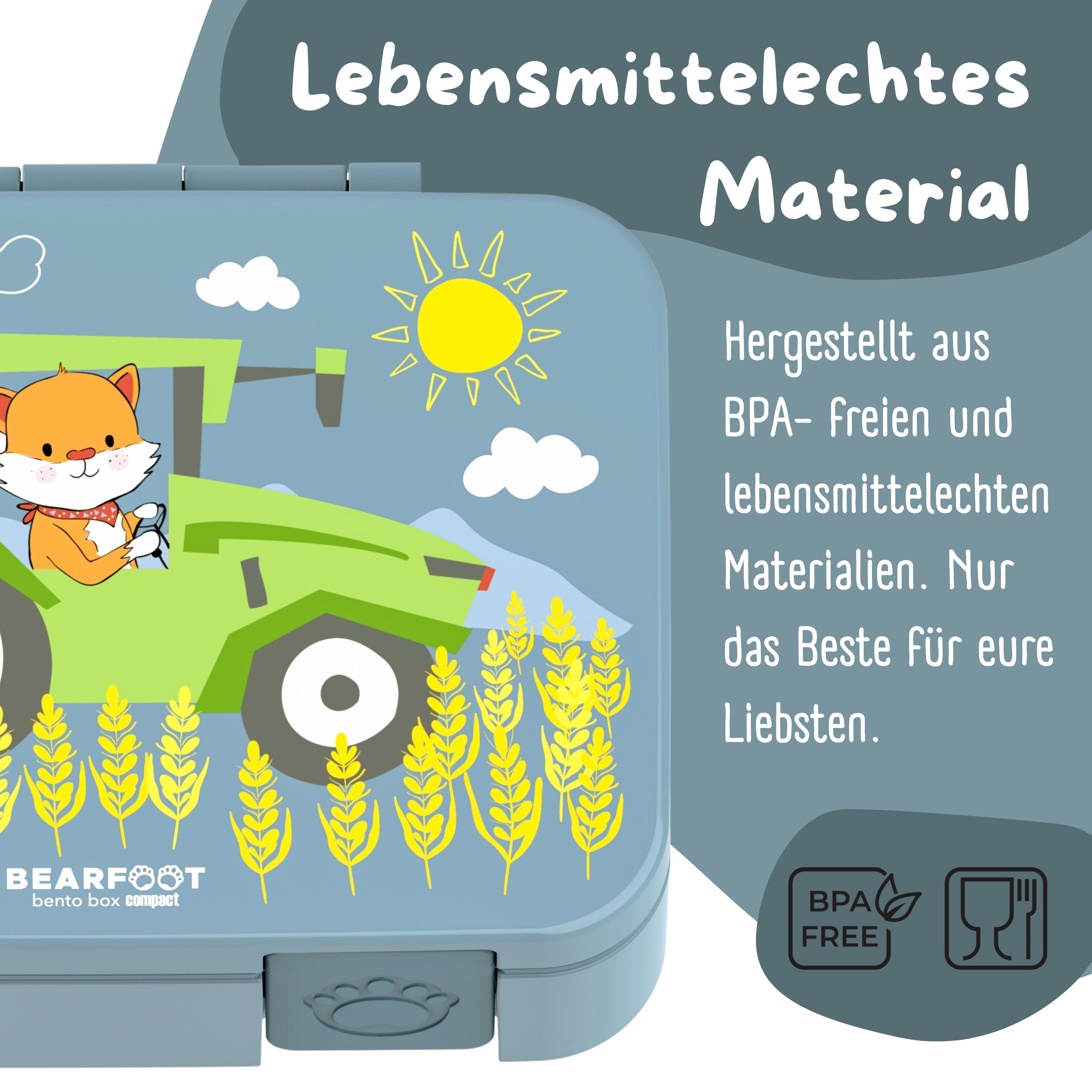 Bearfoot Kinder Brotdose blau mit Traktor-Motiv aus BPA-freiem lebensmittelechtem Material – Lunchbox für Kindergarten und Schule