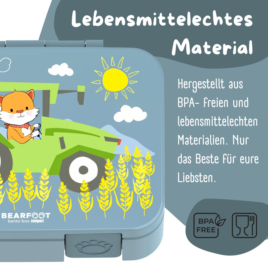 Bearfoot Kinder Brotdose blau mit Traktor-Motiv aus BPA-freiem lebensmittelechtem Material – Lunchbox für Kindergarten und Schule