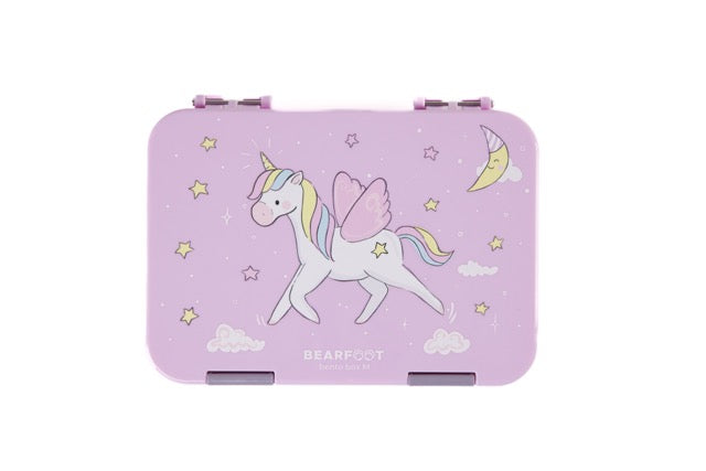 Bearfoot Kinder Brotdose Einhorn lila mit Sternen, Mond und Regenbogenflügeln – auslaufsichere Lunchbox für Kindergarten, Schule und unterwegs