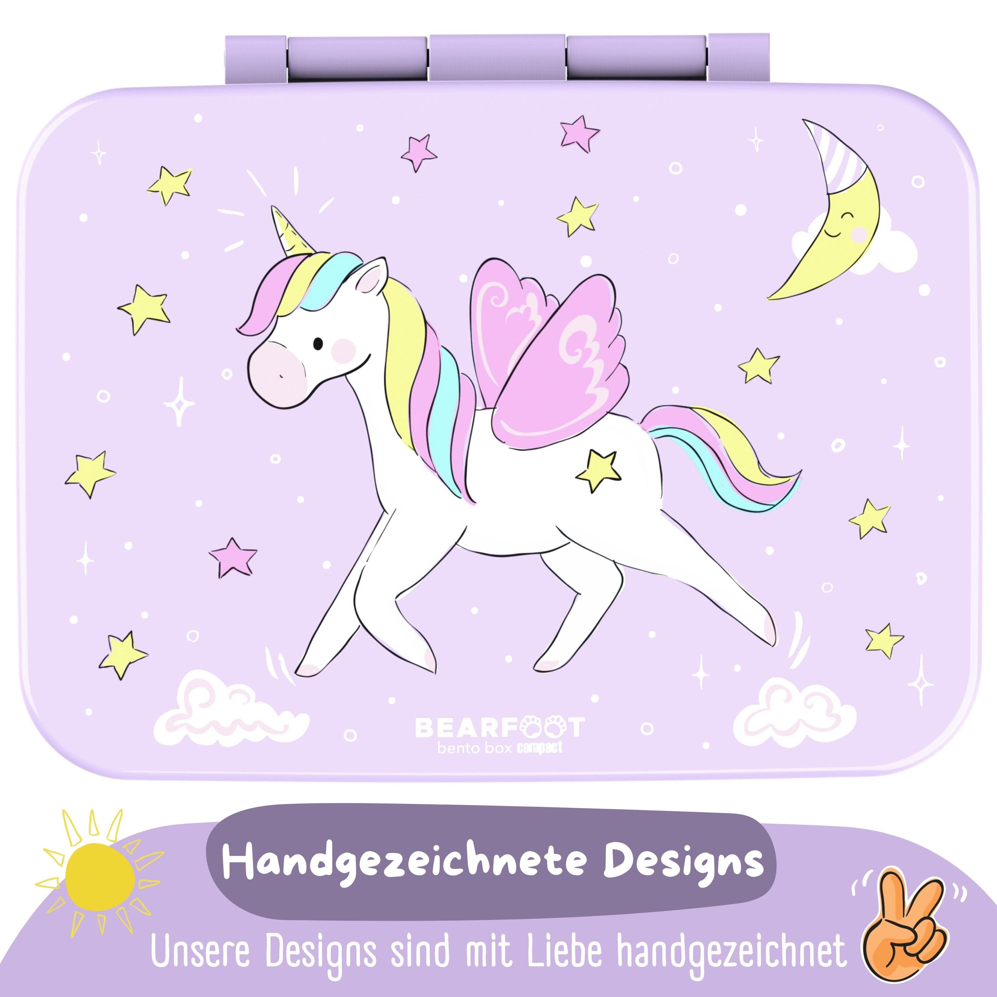 Bearfoot Kinder Brotdose Einhorn lila mit handgezeichnetem Design – BPA-freie Lunchbox für Kindergarten und Schule