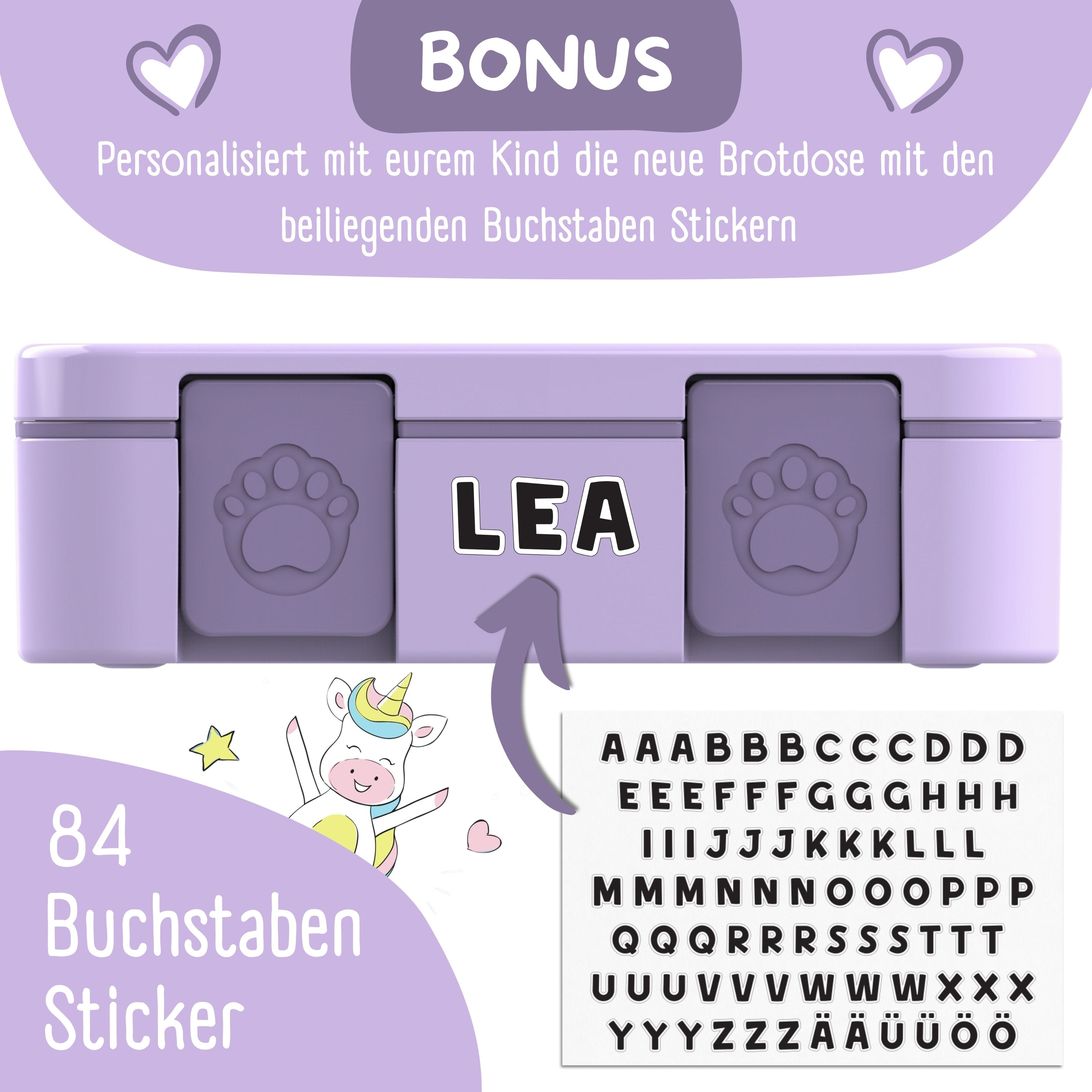 Bearfoot Kinder Brotdose Einhorn lila personalisierbar mit Namensstickern – Lunchbox mit 84 Buchstaben Stickern für Kindergarten und Schule
