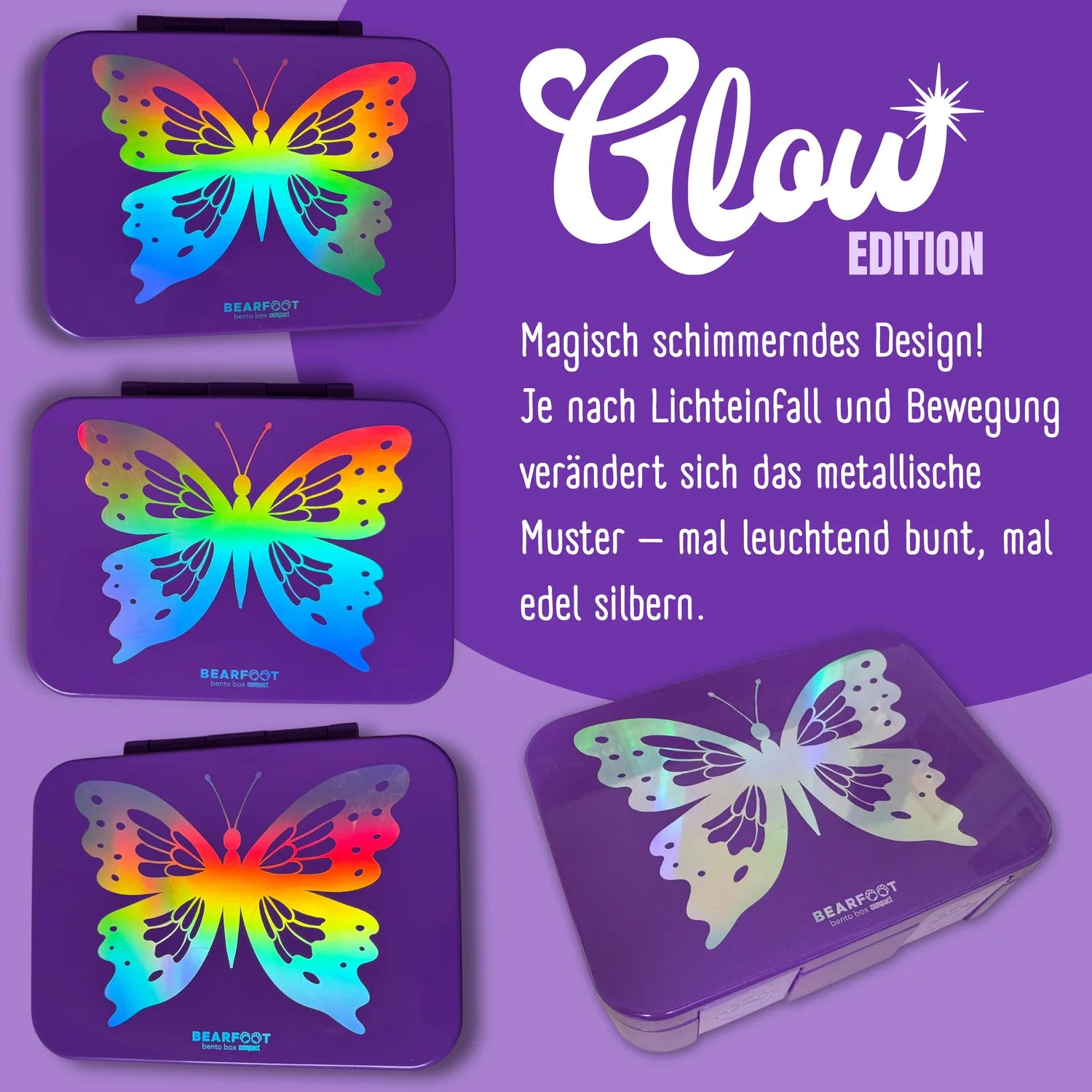 Bearfoot Kinder Brotdose Glow Edition Schmetterling – schimmerndes Farbdesign, verändert sich im Licht, ideal für Kita und unterwegs