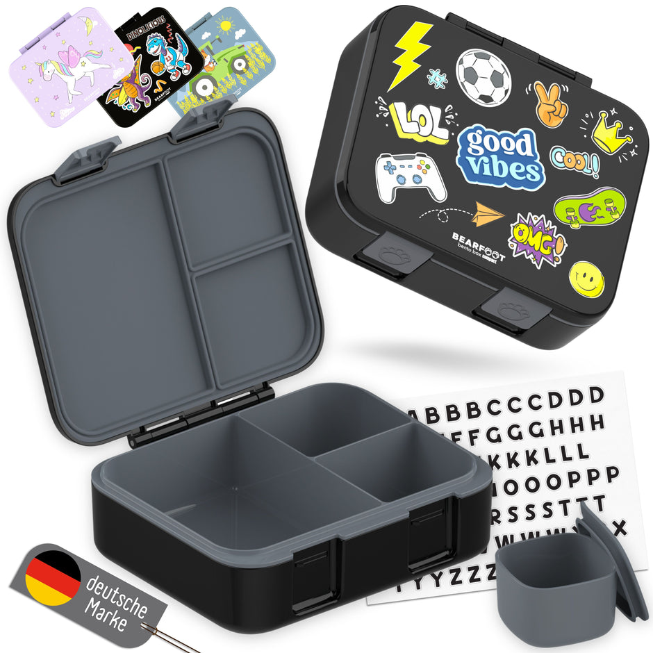 Bearfoot Kinder Brotdose Good Vibes schwarz – auslaufsichere Lunchbox mit Fächern, Einsatz und Buchstaben-Stickern für Kindergarten und Schule