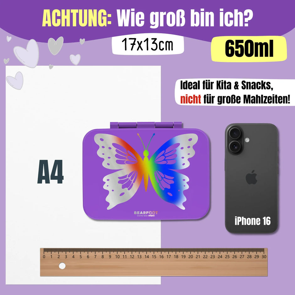 Bearfoot Kinder Brotdose Schmetterling 17×13 cm – 650 ml, ideal für Kita und Snacks, kompakte Größe für unterwegs