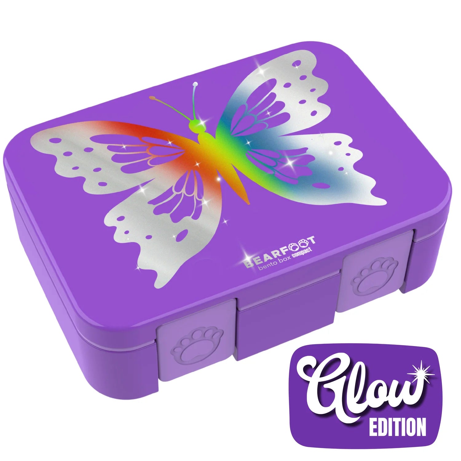Bearfoot Kinder Brotdose Schmetterling Glow Edition lila – auslaufsichere Lunchbox für Kindergarten, Schule und unterwegs