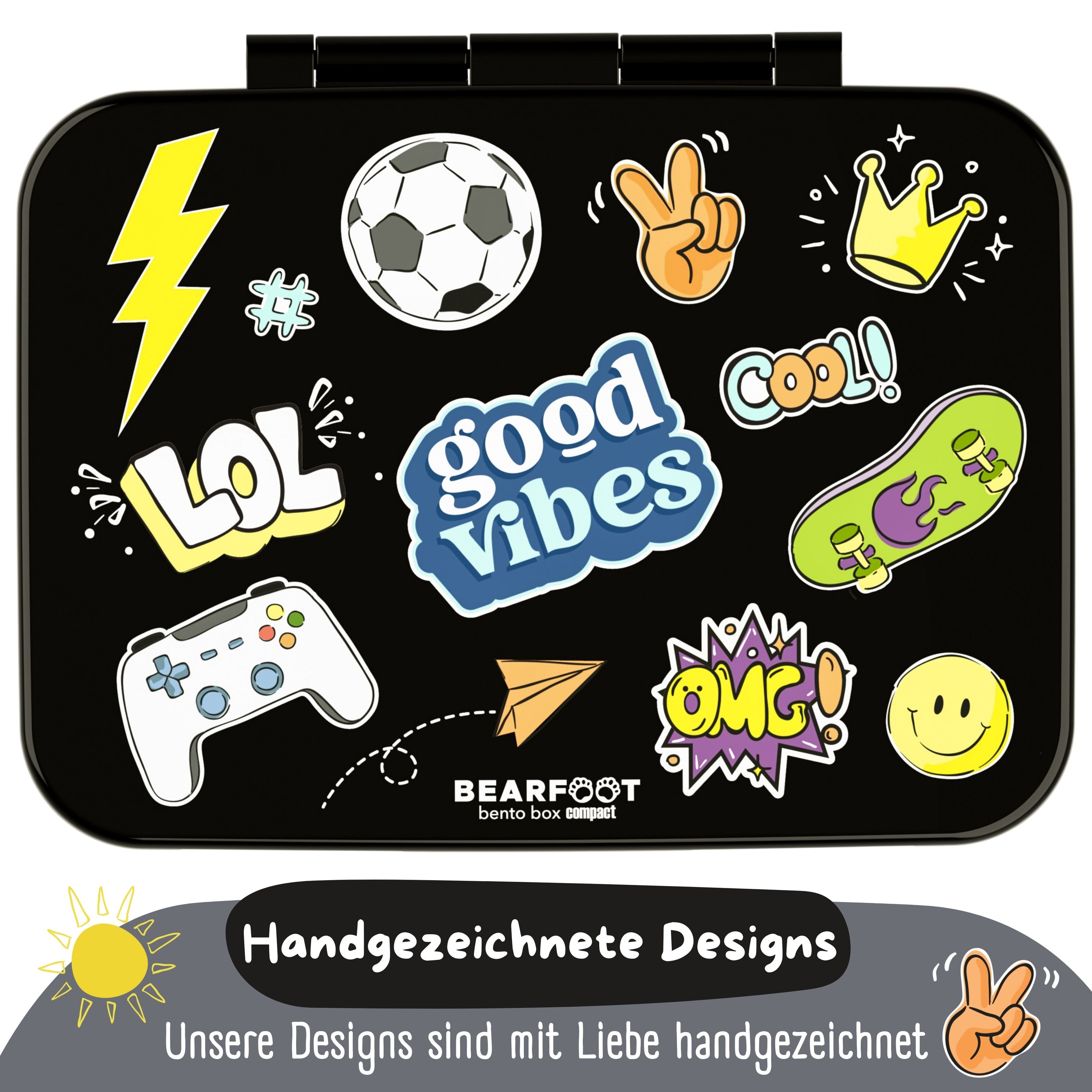 Bearfoot Kinder Brotdose schwarz mit Sticker-Design – handgezeichnete Motive, robuste Lunchbox für Kindergarten, Schule und unterwegs