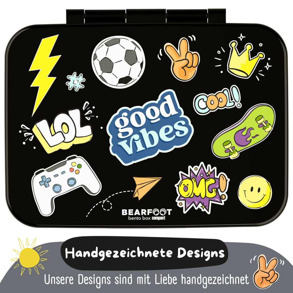 Bearfoot Kinder Brotdose schwarz mit Sticker-Design – handgezeichnete Motive, robuste Lunchbox für Kindergarten, Schule und unterwegs
