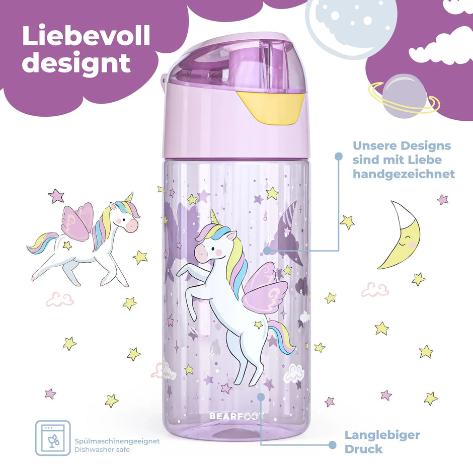 Bearfoot Kinder Trinkflasche Einhorn liebevoll designt – BPA-frei, 450 ml, spülmaschinengeeignet für Kindergarten und Schule