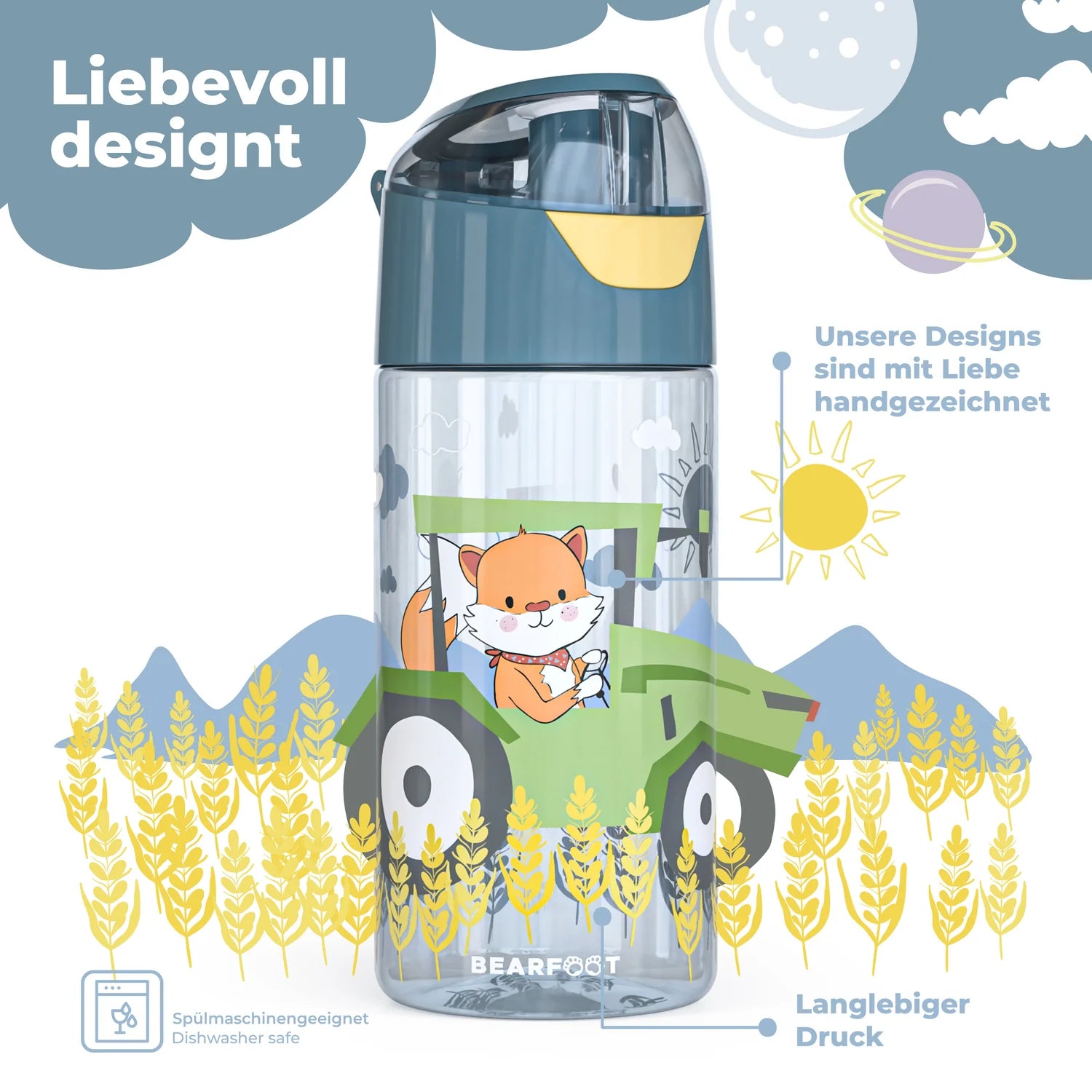 Bearfoot Kinder Trinkflasche mit liebevollem Tiermotiv – spülmaschinengeeignet und langlebiger Druck