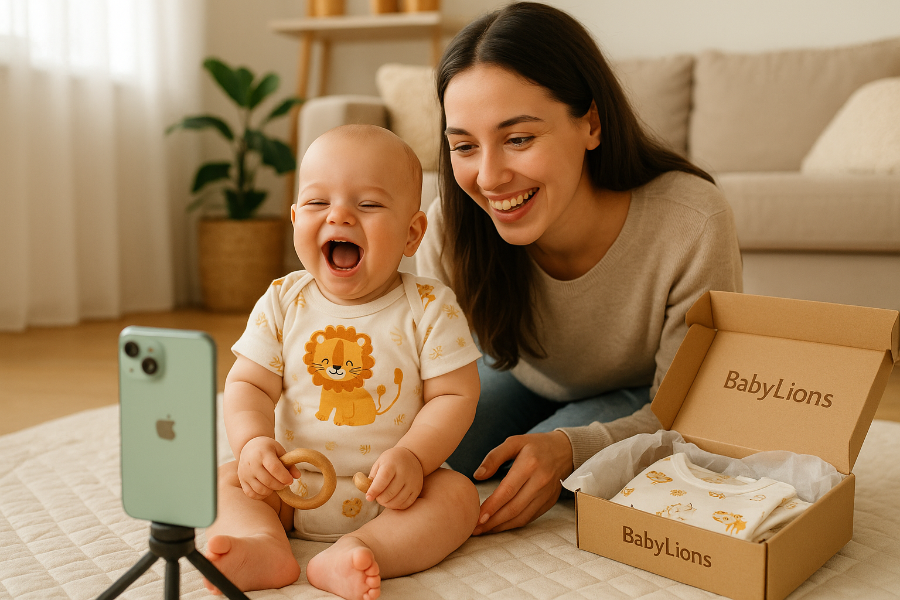 Lachendes Baby im Löwen-Body sitzt mit Mama auf Teppich und schaut in Smartphone – BabyLions Geschenkbox im Hintergrund