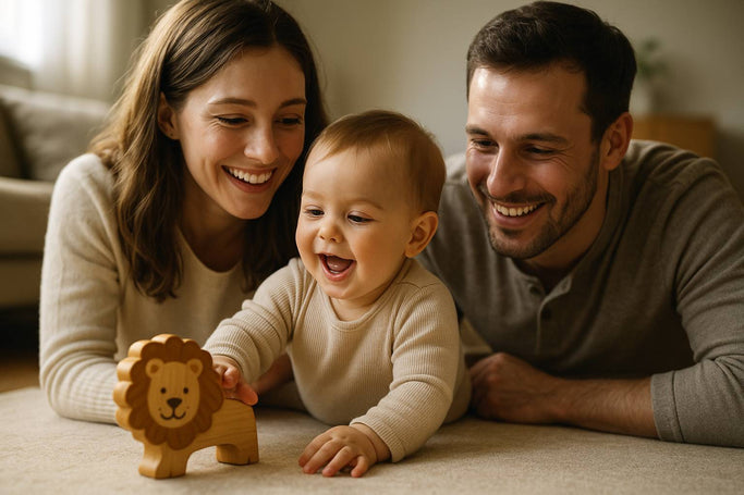 Eine Glückliche Familie Papa und Mama schauen auf das sitzenden Baby was mit einem Löwen holzspielzeug spielt der am Rand sitzt