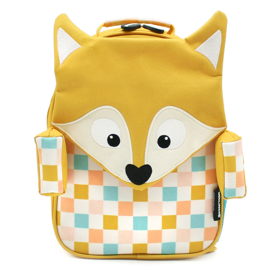 Gelber Kinderrucksack mit Fuchs Motiv und buntem Muster für Kindergarten, Kita und Ausflüge