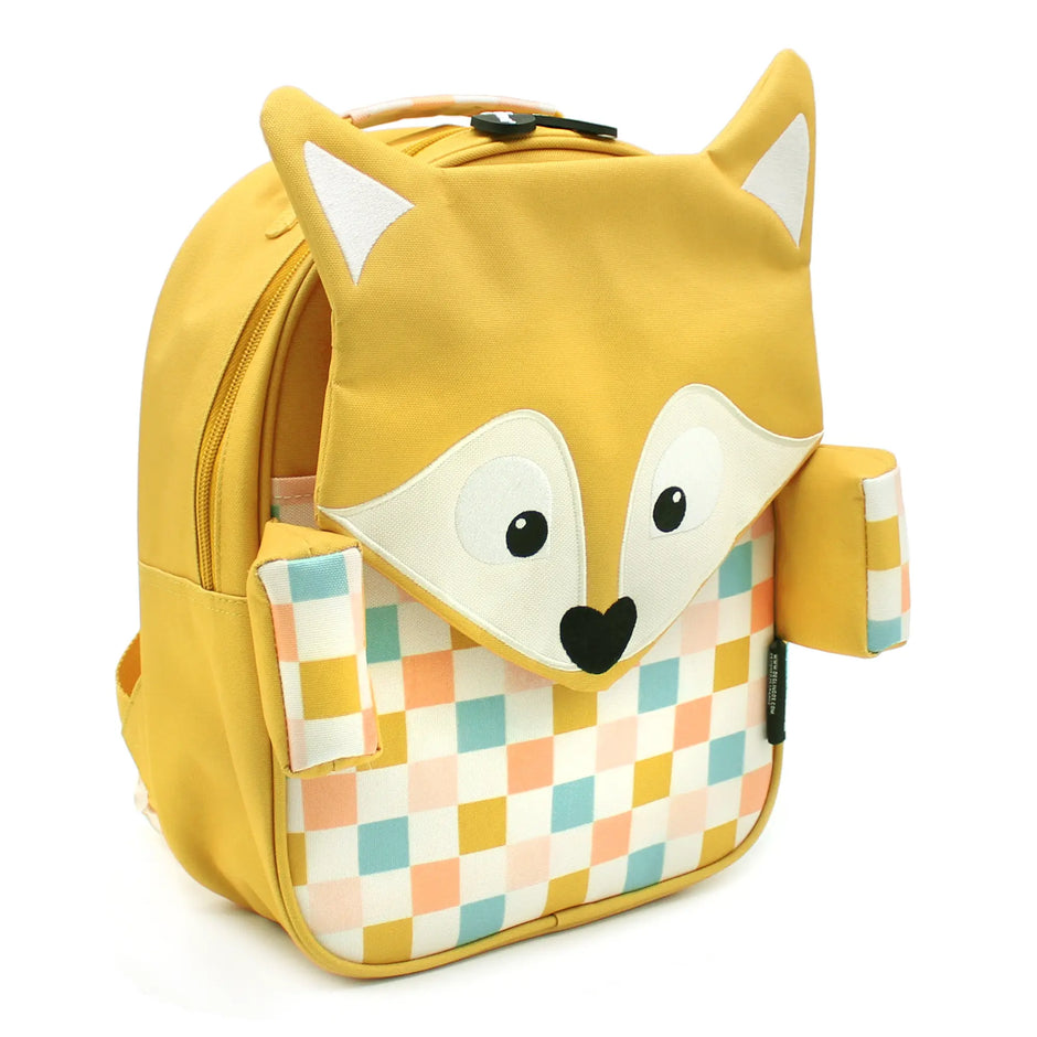 Gelber Fuchs Kinderrucksack in Seitenansicht mit buntem Muster und großem Reißverschlussfach für Kinder
