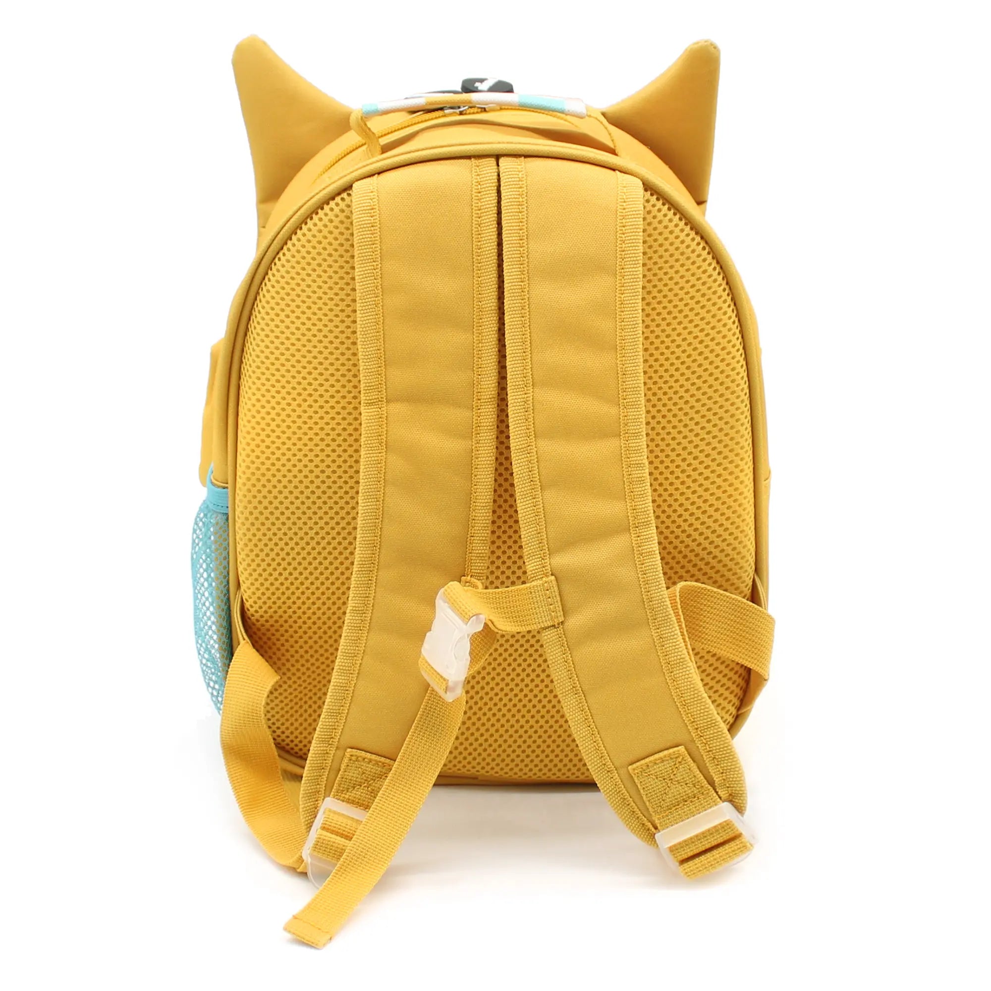 Rückseite eines gelben Fuchs Kinderrucksacks mit gepolsterten Schultergurten und Brustverschluss für Kinder